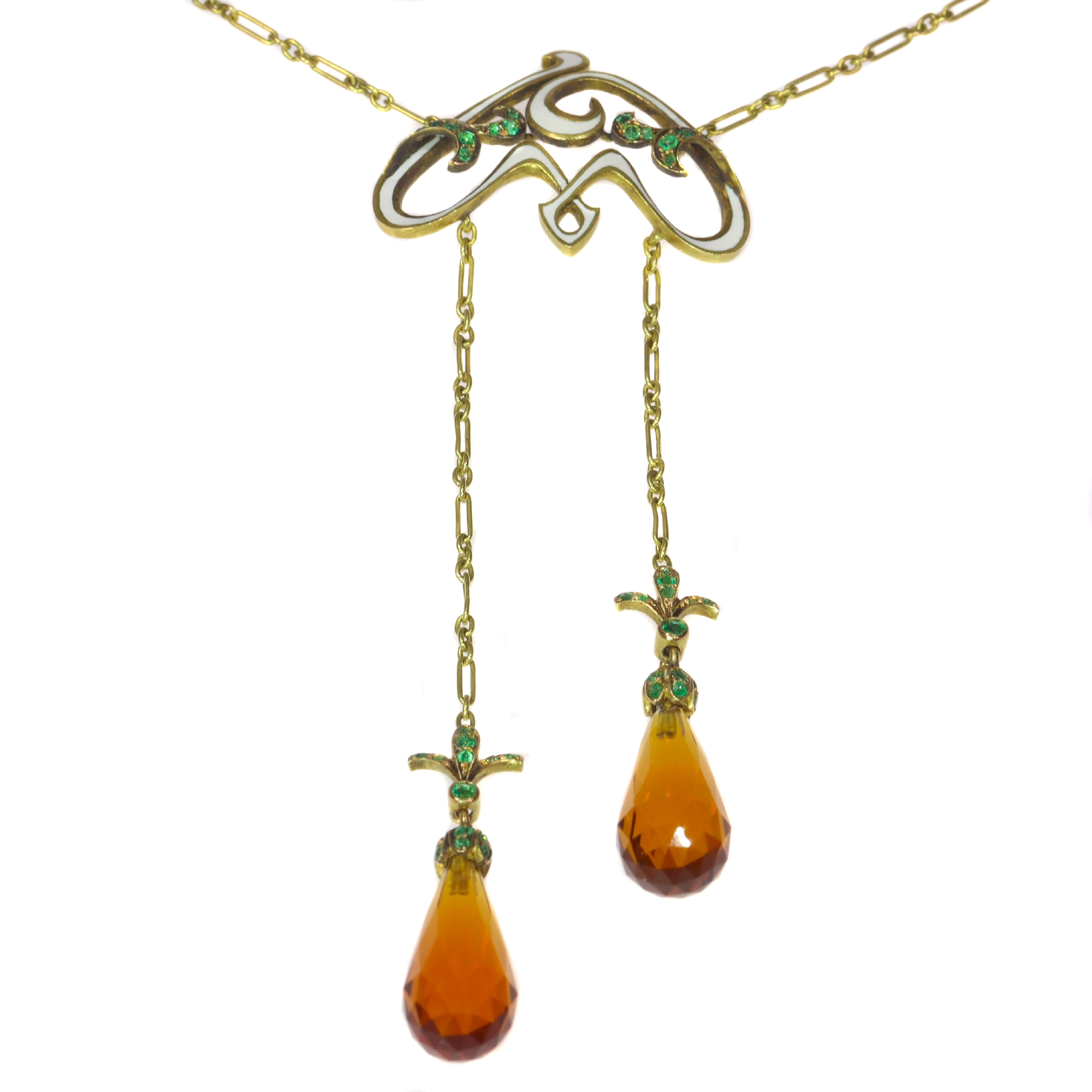 French Art Nouveau enameled necklace with emeralds and citrine briolettes